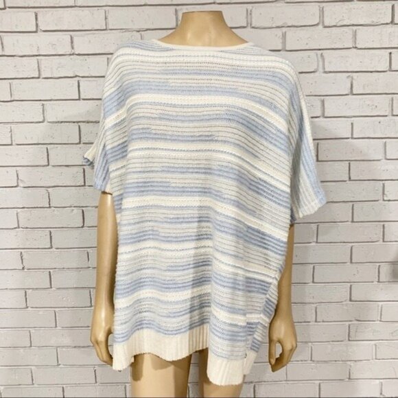 St. John Cashmere & Linen Blue White Striped Sweater – Designer Knit - Picture 1 of 13
